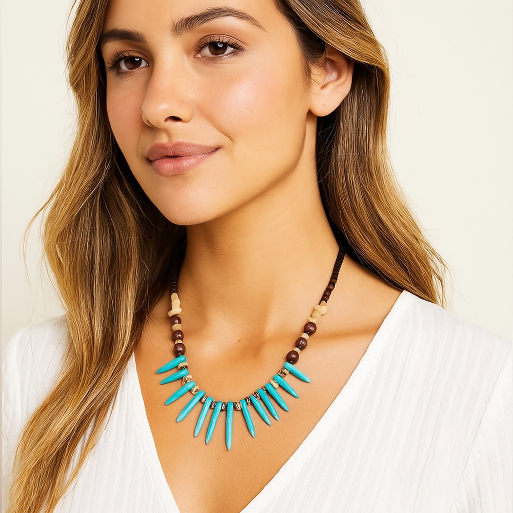 Boho Turquoise, Stone & Brown Wood‎ Beaded Necklace Western Coastal Cowgirl